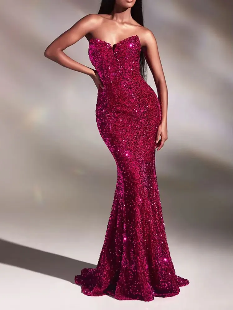 

Evening Dresses For Woman Luxury Sequin Strapless Backless Floor-Length Trumpet/Mermaid Formal Occasion Prom Party Elegant New