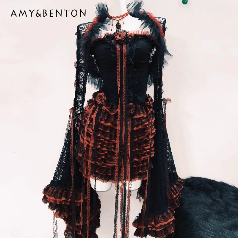 

Original Design Gothic Lolita Ladies Vest 2025 Autumn New Black Red Slimming Long Sleeve Y2k Anime Cosplay Women's Skirts Sets