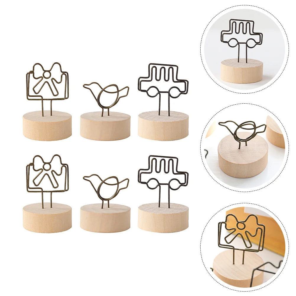 

6pcs Photo Display Clamps Creative Wooden Steel Memo Clips Desktop Photo Storage Note Stands Message Holders Decorative