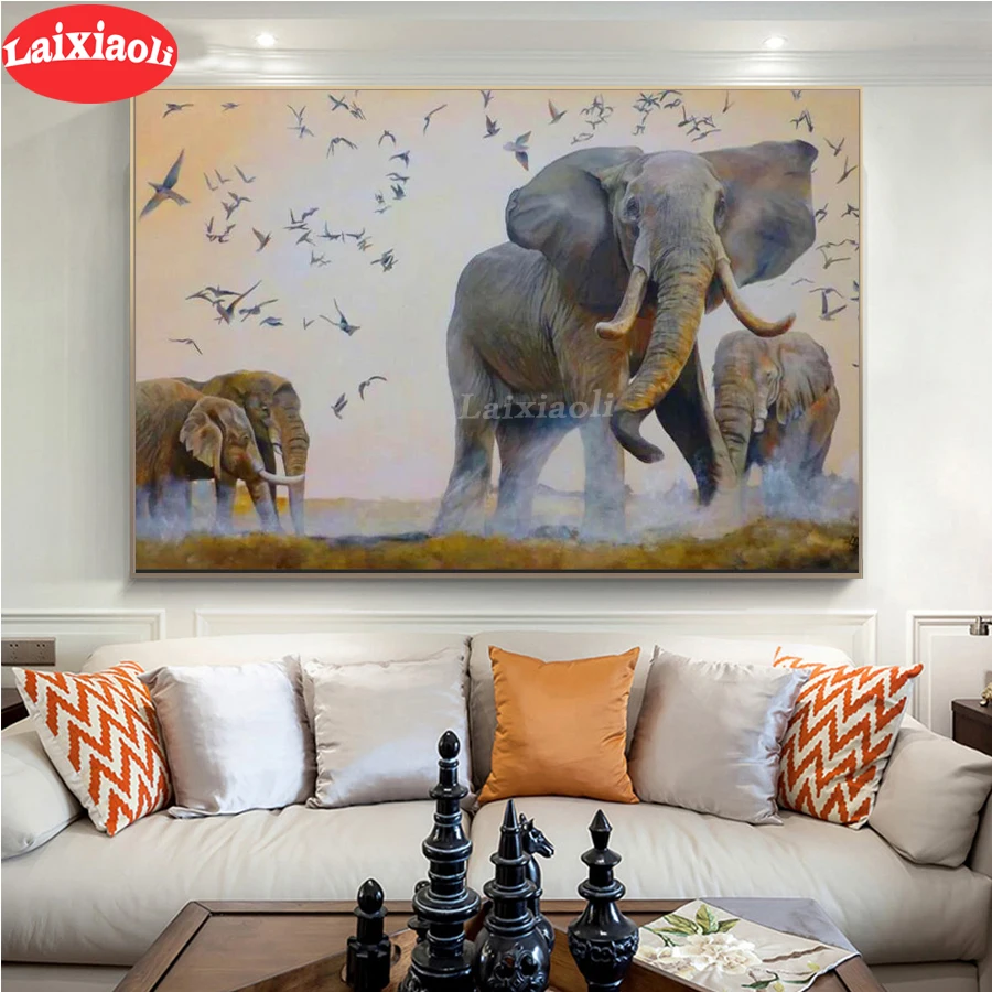 

5D DIY Diamond Painting African elephants and birds landscape cross stitch full square/round diamond mosaic embroidery decor art