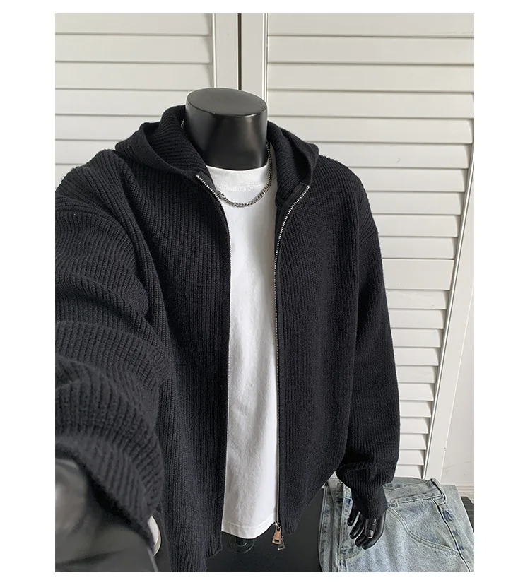 2026 New Autumn Winter Simple Solid Color Knitted Hoodie Men Japan Korean Fashion Casual Loose Double Zipper Hooded Jacket