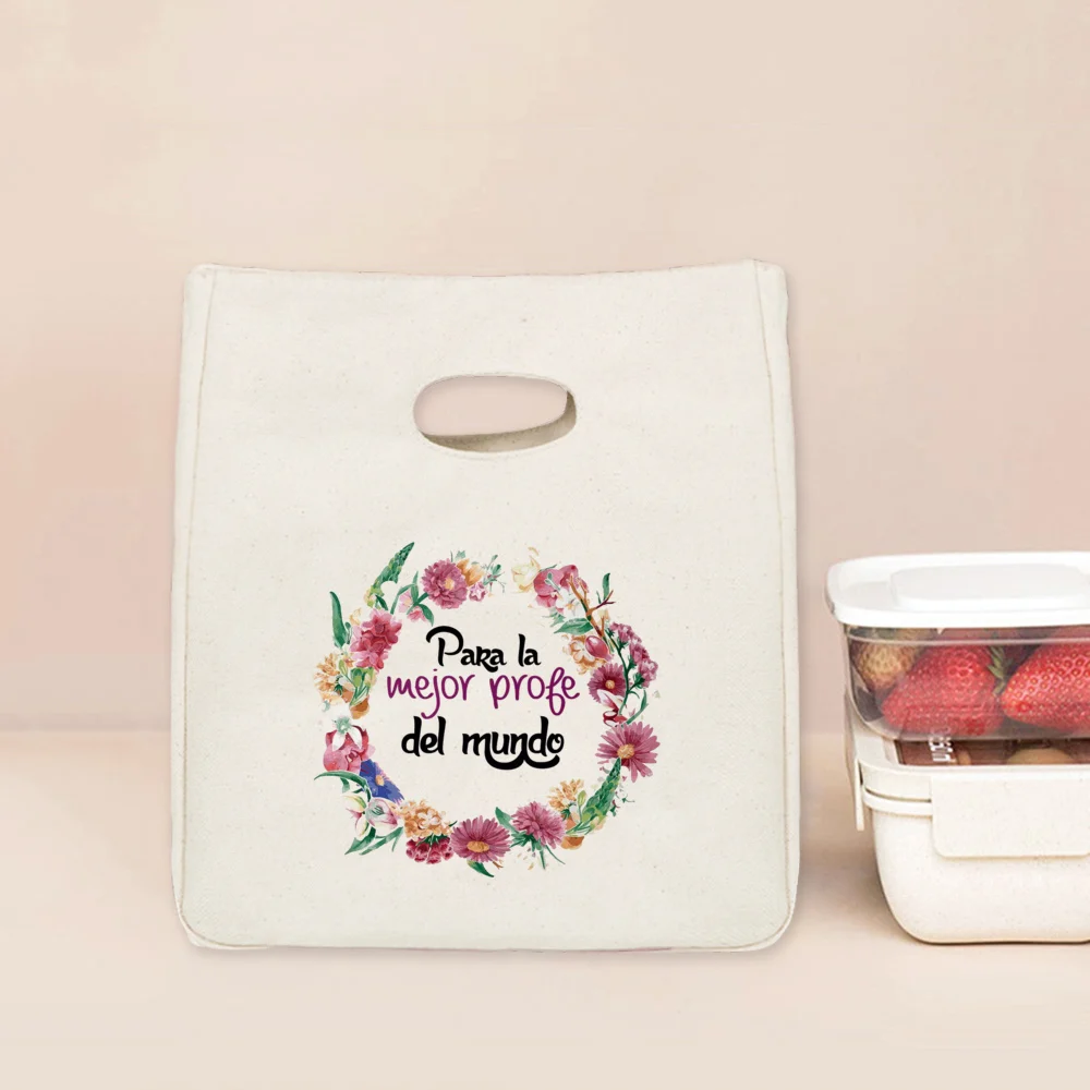 Borse termiche per gelato con stampa spagnola Borsa per il pranzo Borsa termica portatile in tela isolata Borsa termica per alimenti scolastici