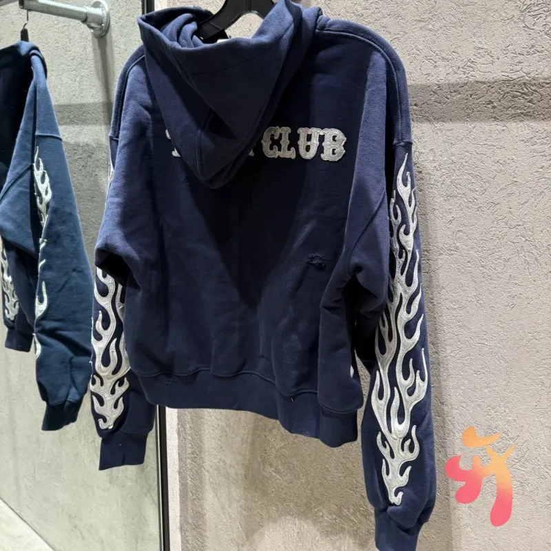 

Royal Blue Retro Washed Holes Flame Embroidery Splicing Letter Logo Zipper Hoodie Coat Thug Club Jacket Men Women Streetwear