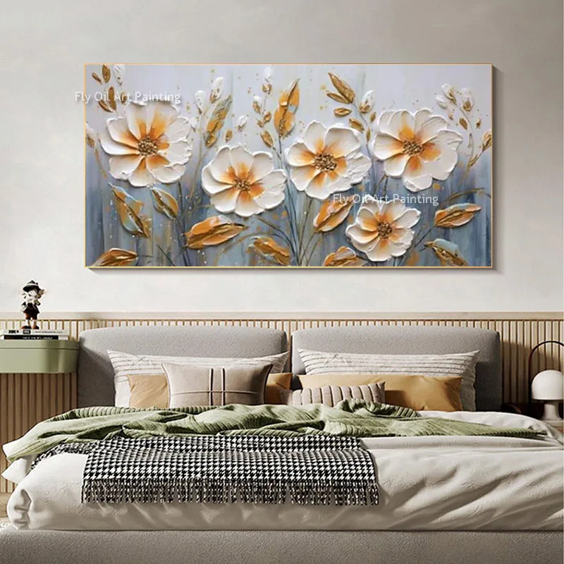 Thick Texture Handpainted Oil Painting, Elegant White Gold Bloom Canvas Art, Floral Statement Wall Decor