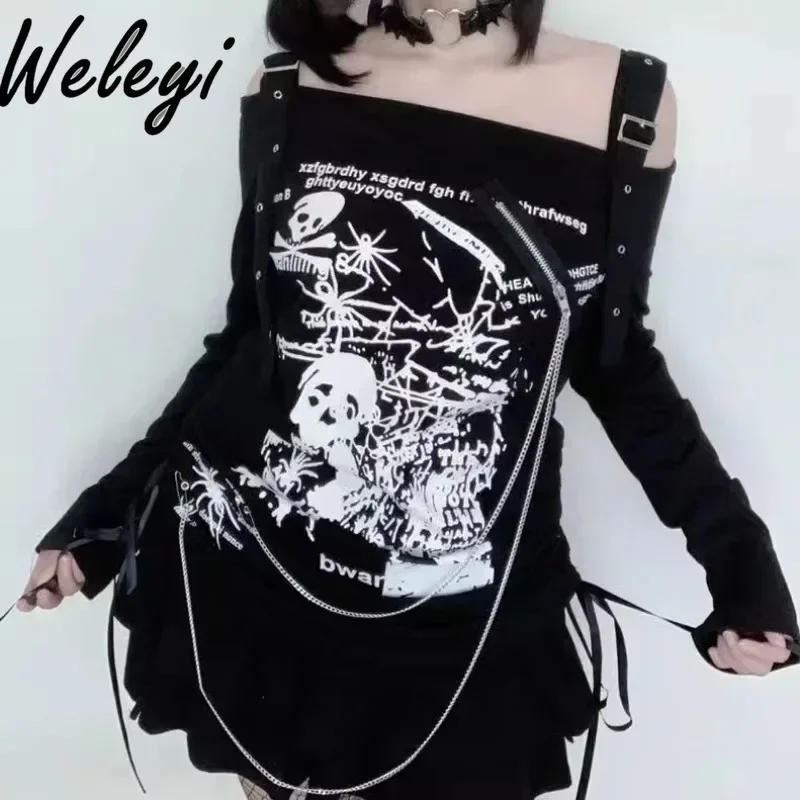 

Y2k Asian woman Culture T-shirt Japanese Goth Millennium Hot Girl Student Off Shoulder Long Sleeve Drawstring Loose Casual Top