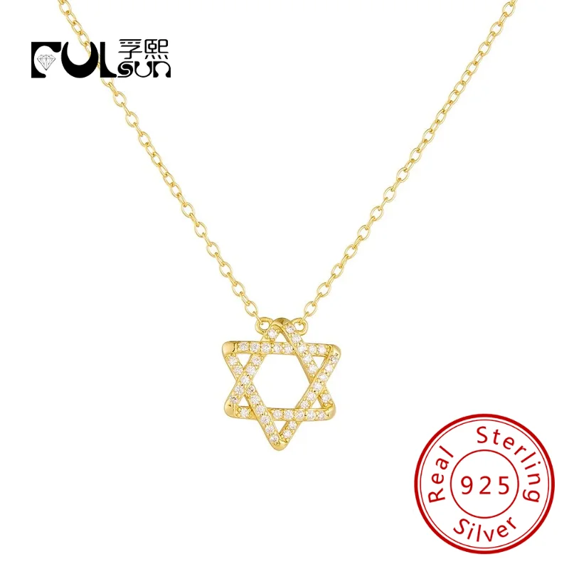 925 Sterling Silver 14K Gold Plated Cz Zircon Star of David Six-Pointed Star Pendant Necklace