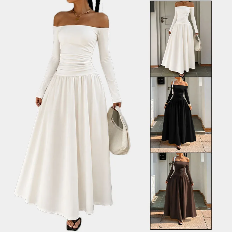 Women Long Dress Off Shoulder A Line Long Sleeve Dot Print Elegant Tight Waist Party Night Y2k Streetwear Work Slim Fit Vacation