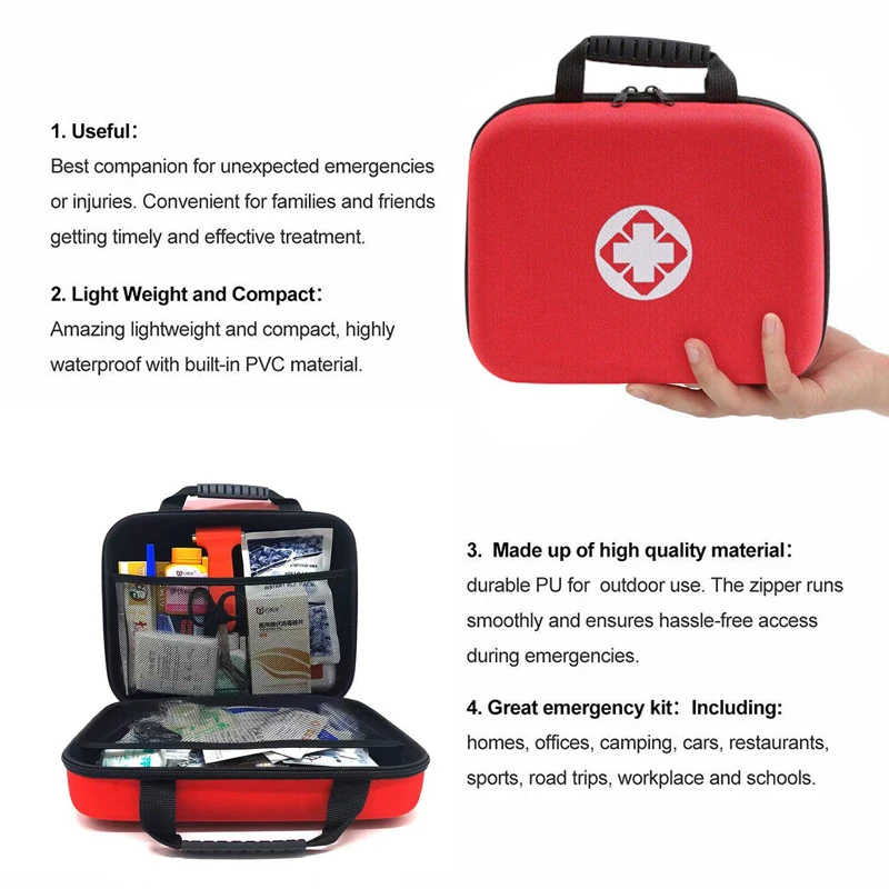 249 Piece Portable Red First Aid Kit, Multipurpose Survival Bag, Emergency Set Outdoor Gear for Hiking Car Home