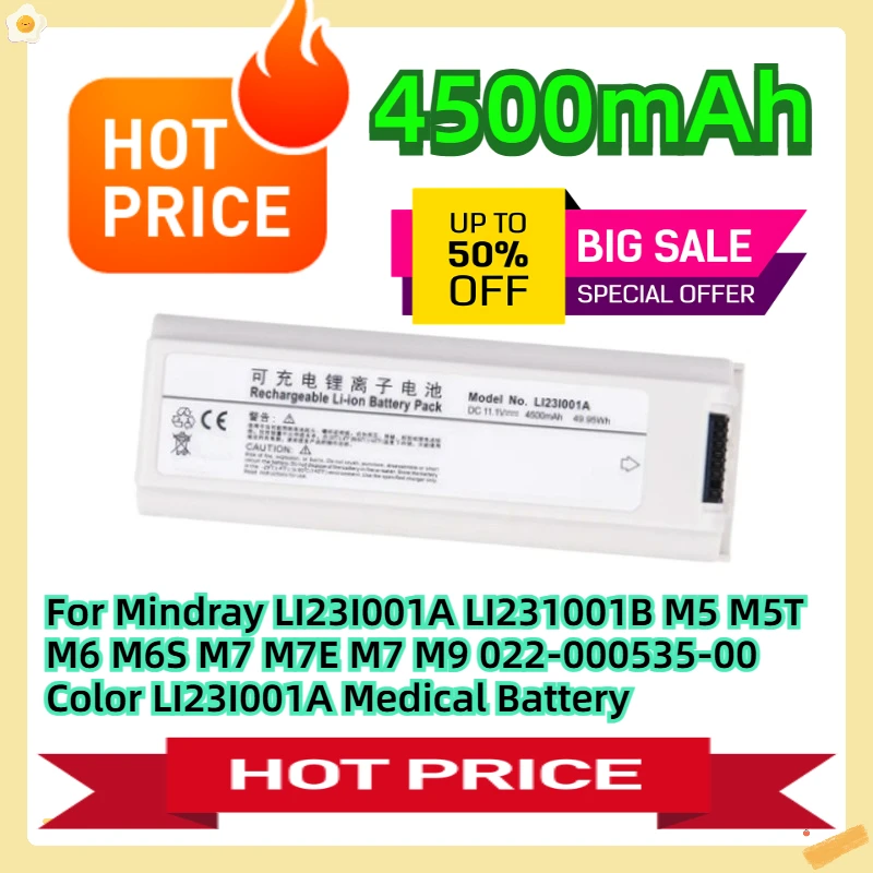 

For Mindray LI23I001A LI231001B M5 M5T M6 M6S M7 M7E M7 M9 022-000535-00 Color LI23I001A 11.1V 49.95Wh 4500mAh Medical Battery