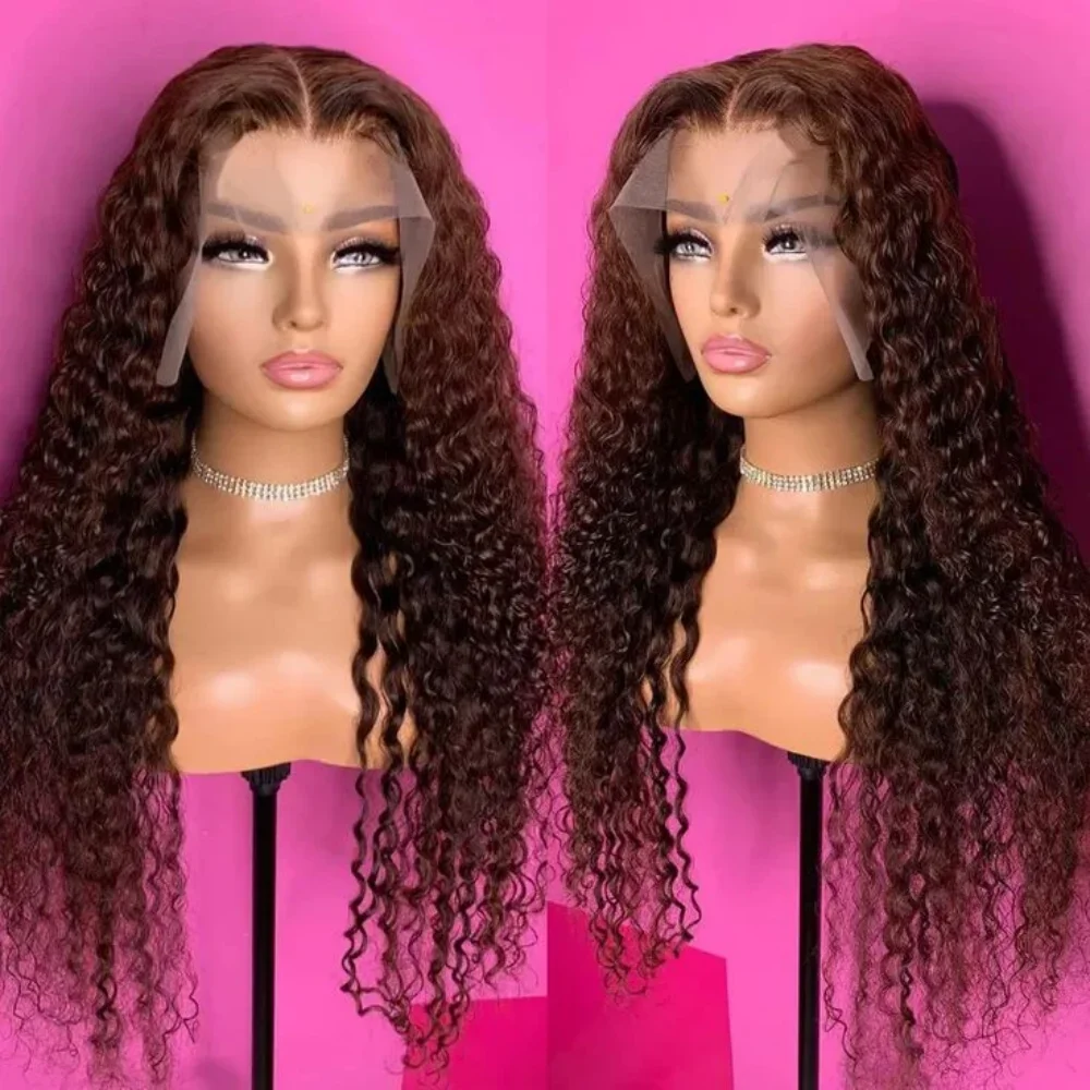26“Long Soft Brown Preplucked Soft Kinky Curly 180Density Lace Front Wig Synthetic For Women Heat Resistant Glueless Daily