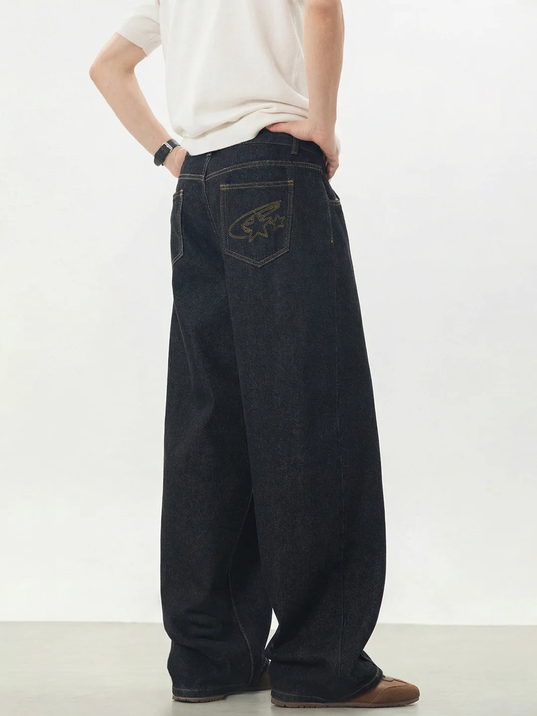 

Retro Patchwork Design Men's Jeans Spring Sle Color Blo Straight Loose Casual Long Pants Mid-S Split Loose Fit Jeans