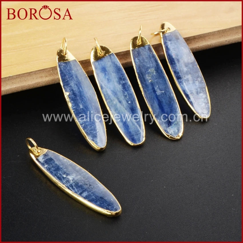 Gold Plated Long Oval Shape Natural Kyanite Charm for Necklace Natural Cyanite Healing Stone Pendant Beads for Women Necklace