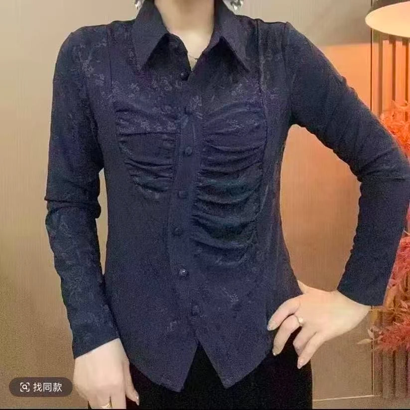 

Элегантная блузка с длинным рукавом для женщин, новая коллекция весна-осень, стильная блузка с эффектом жатки и пуговицами, подчеркивающая талию.