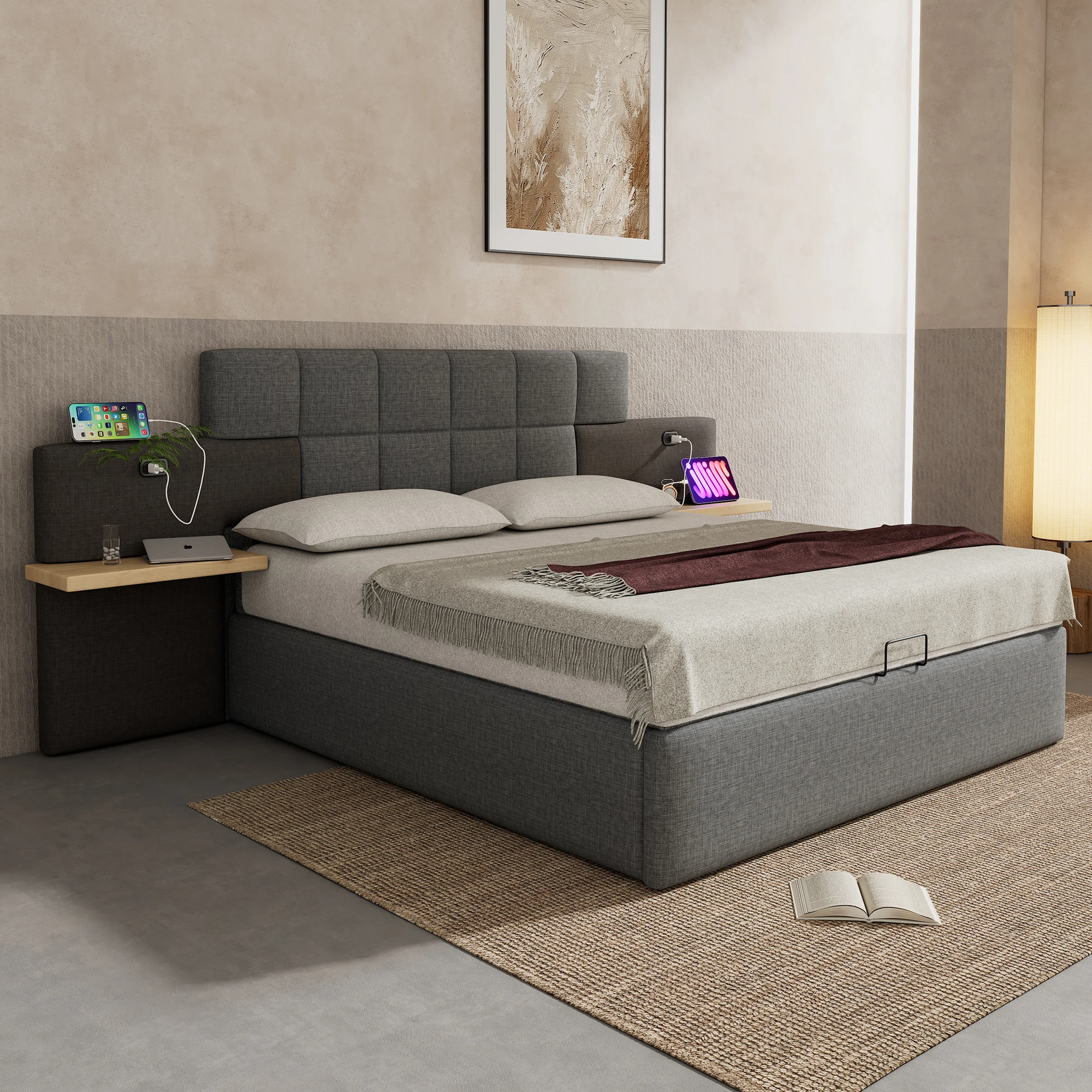 Upholstery bed 180x200 cm hydraulic broadside bed with wood shelves USB charging station storage space light gray and dark SC