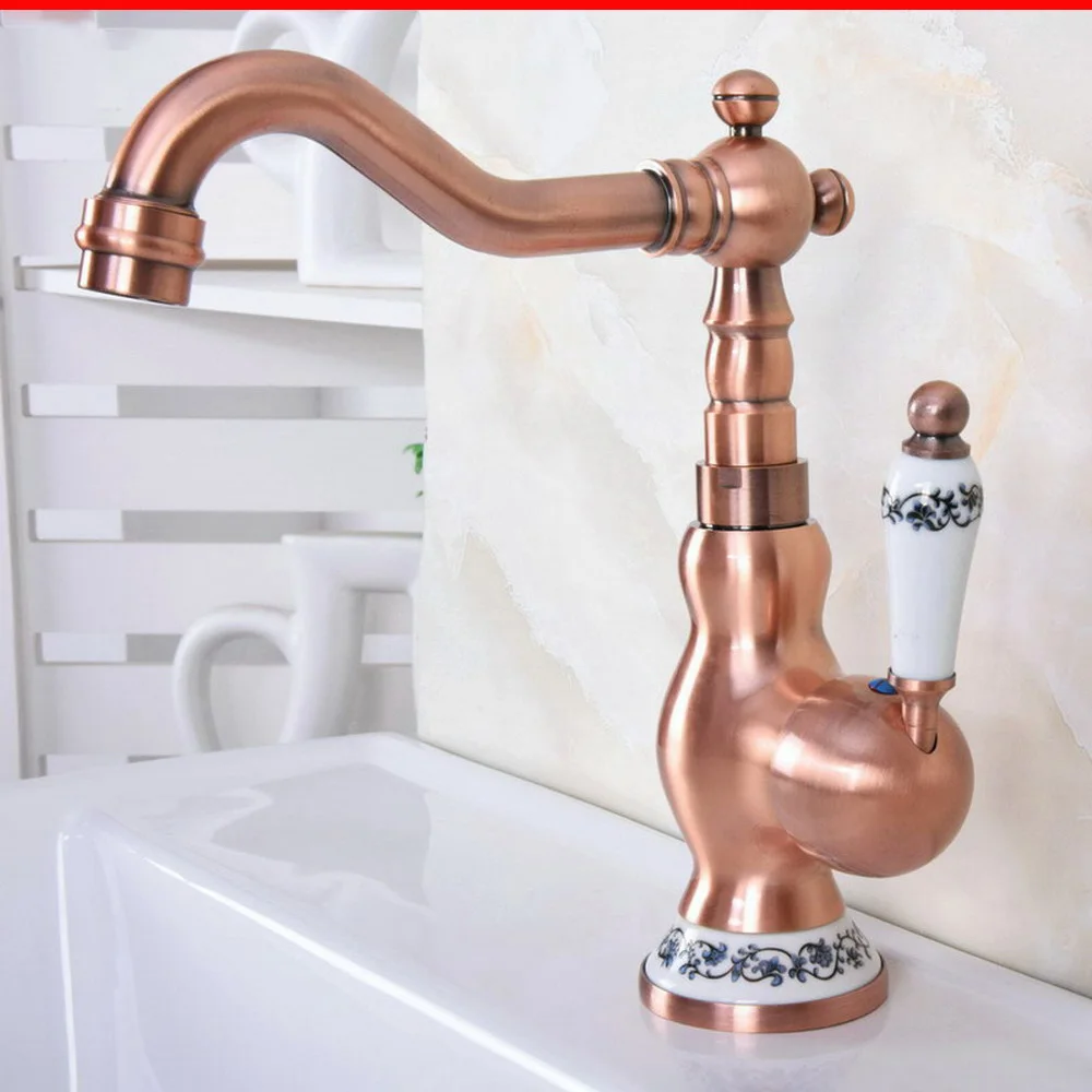 

Antique Red Copper Basin Faucets 360 Rotation Single Handle Tap Mixer Taps Bathroom Vessel Sink Faucet tnf639