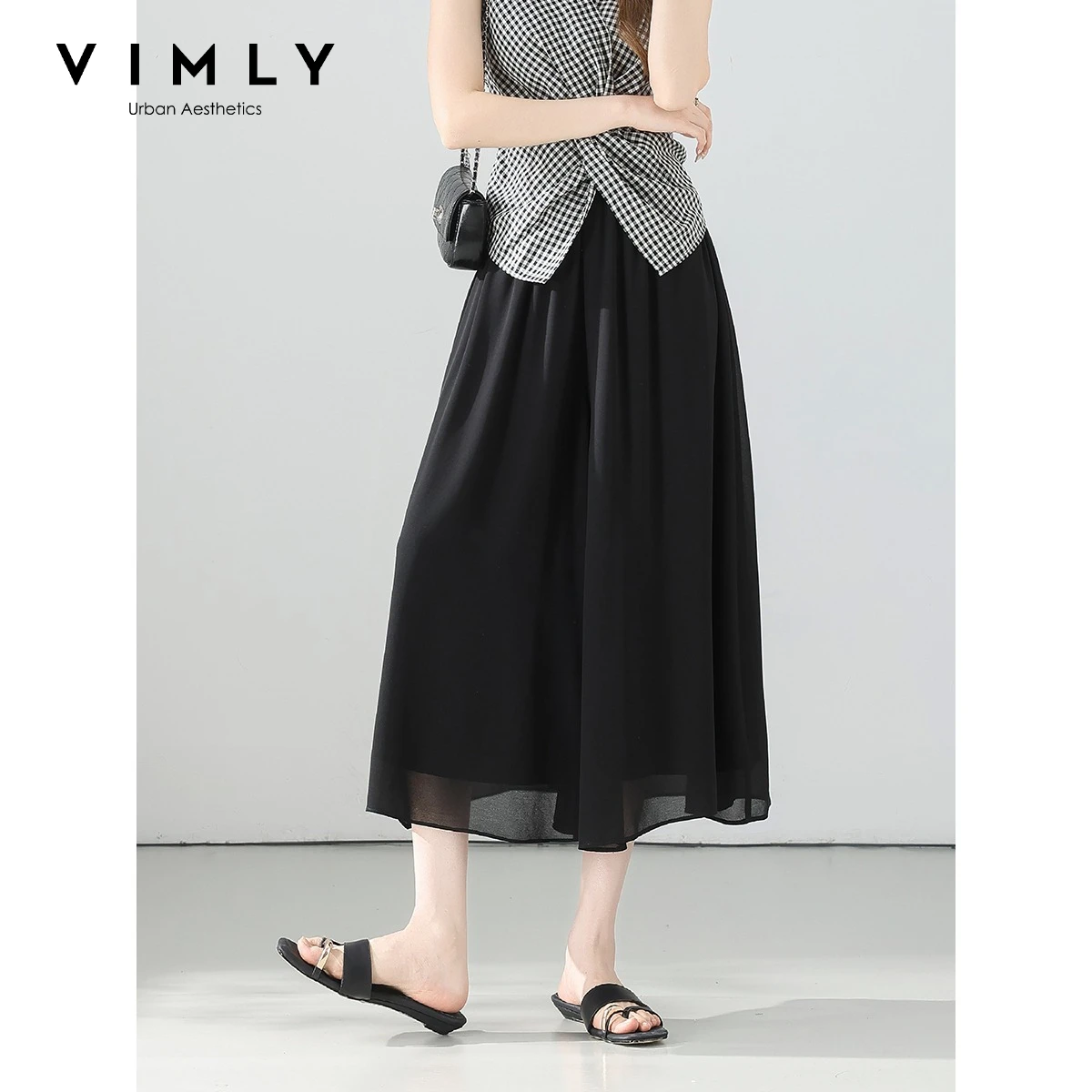 VIMLY Women's Summer Pants Fashion Versatile Black Eight-point Loose Drape Casual Wide Leg Pants 2026 New Clothes A6198