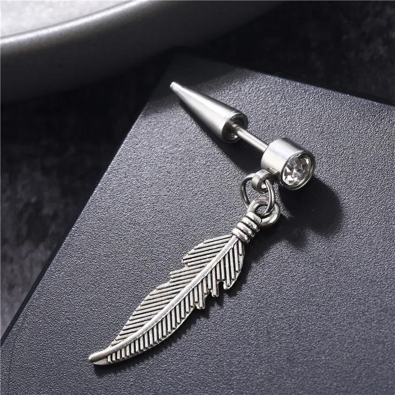 Punk Pointed Cone Crystal Feather Pendant Earrings Stainless Steel Geometric Stud Ear Jewelry Party Gifts For Women Men