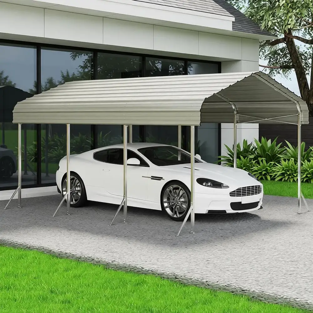 

Sturdy 10x15 Galvanized Metal Carport for Outdoor Vehicles and Storage (Beige)