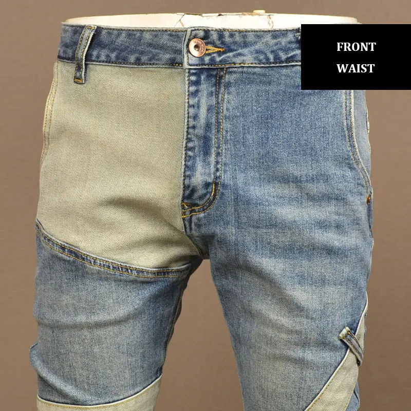 High Street Fashion Men Jeans Retro Washed Blue Stretch Slim Fit Patched Ripped Jeans Men Spliced Designer Hip Hop Denim Pants