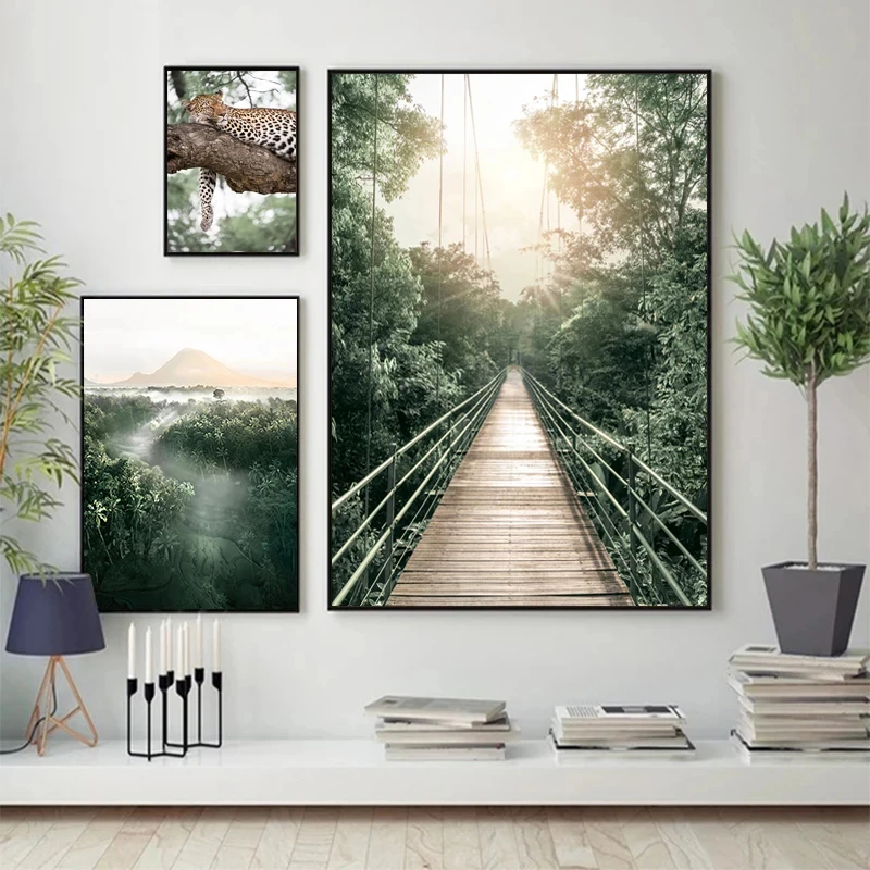 Jungle Landscape Canvas Poster Animal Leopard Elephant Print Painting Palm Leaves Forest River Bridge Nordic Picture Decoration