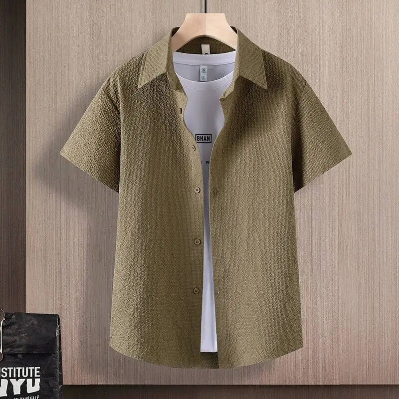 Men's Pure Color Short Sleeve Ice Silk Casual Shirt Thin Summer Business Casual Style Korean Version No Ironing Handsome Mens...