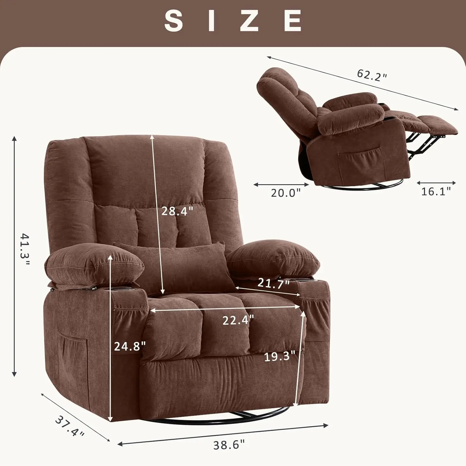 Massage Swivel Rocker Recliner Chair with Vibration Massage  2 Cup Holders, USB Charge Port