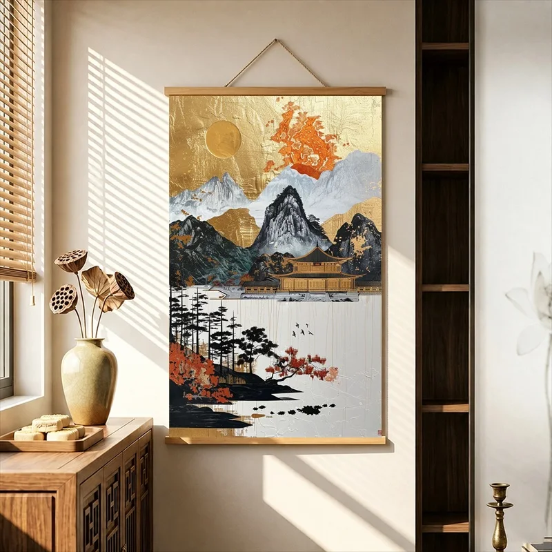 Wall Art Golden Mountain River Panorama, Oriental Luxury Pearlescent Canvas Hanging Scroll with Wooden Rods for Living Room