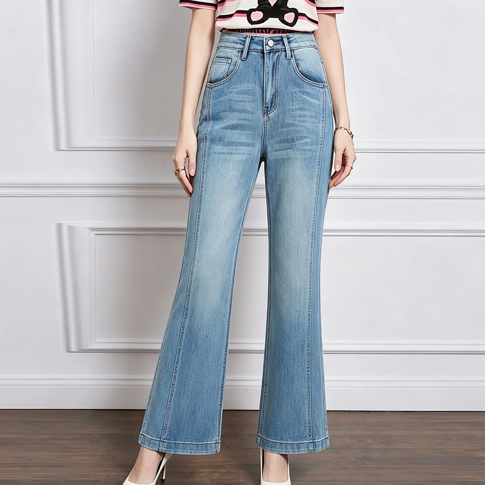 ZJYT Elegant Flared Jeans for Women Spring Summer 2026 High Street Fashion High Waist Blue Denim Pants Trousers Female Bottoms