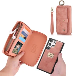Wristband Ring Holder Cards Solt Phone Bag For Samsung S23 S24 Ultra S22 Plus S21 S20 Note20 A72 A52 Zipper Pocket Strap Cover