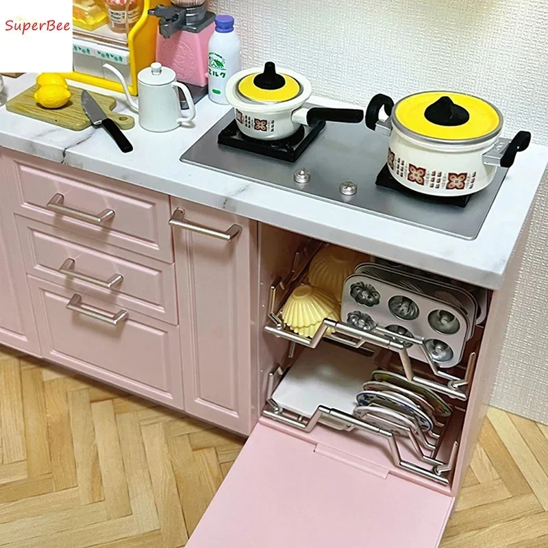 1/6 Dollhouse Miniature Wood Kitchen Cabinets/Integrated Stove Cabinet Set Model for Kitchen Furniture Decoration Accessories