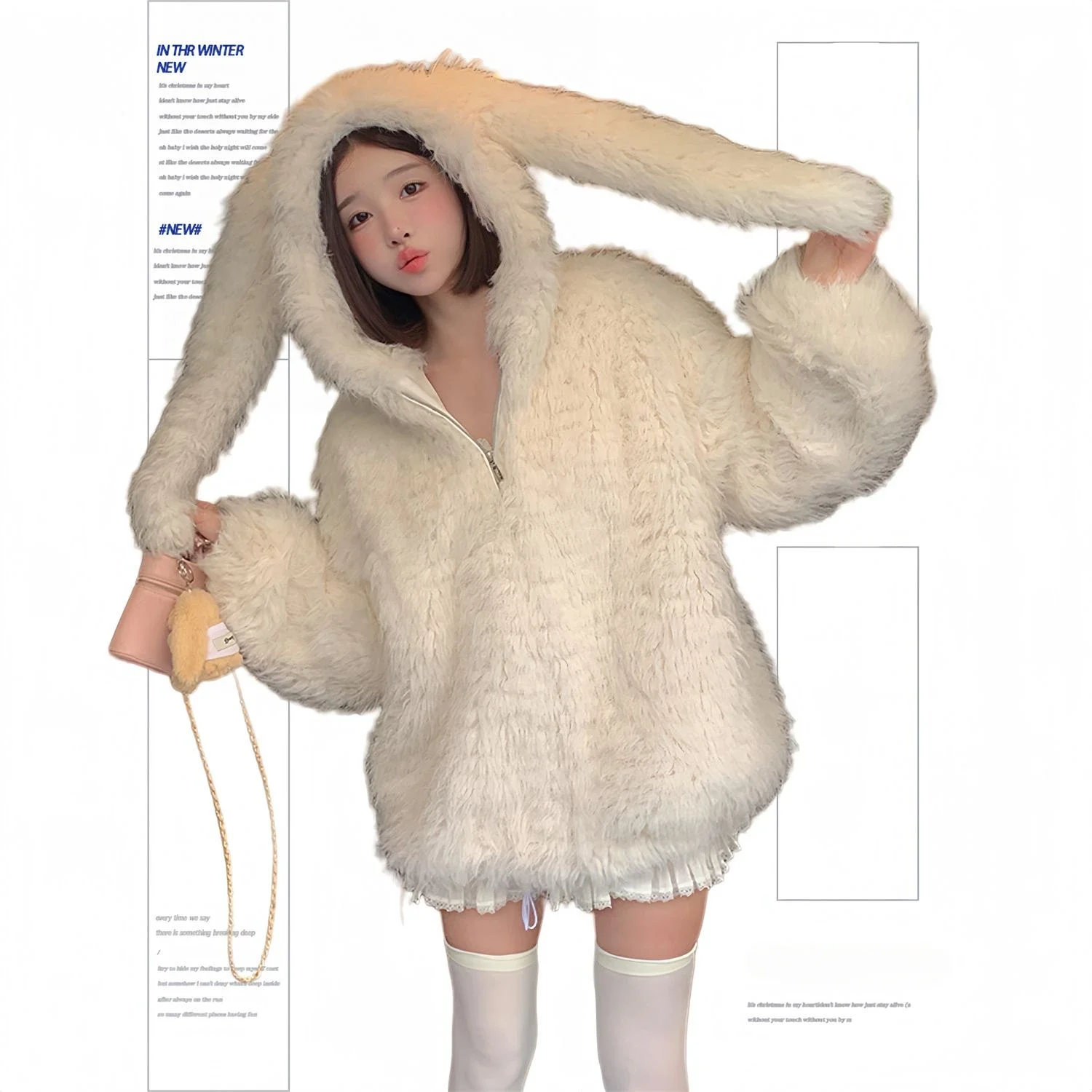 Rabbit Ears Cute Lamb Wool Coat Female Autumn Winter Loose Padded Thickened Soft Fluffy Furry Coat Sweet Cartoon Hooded Jacket