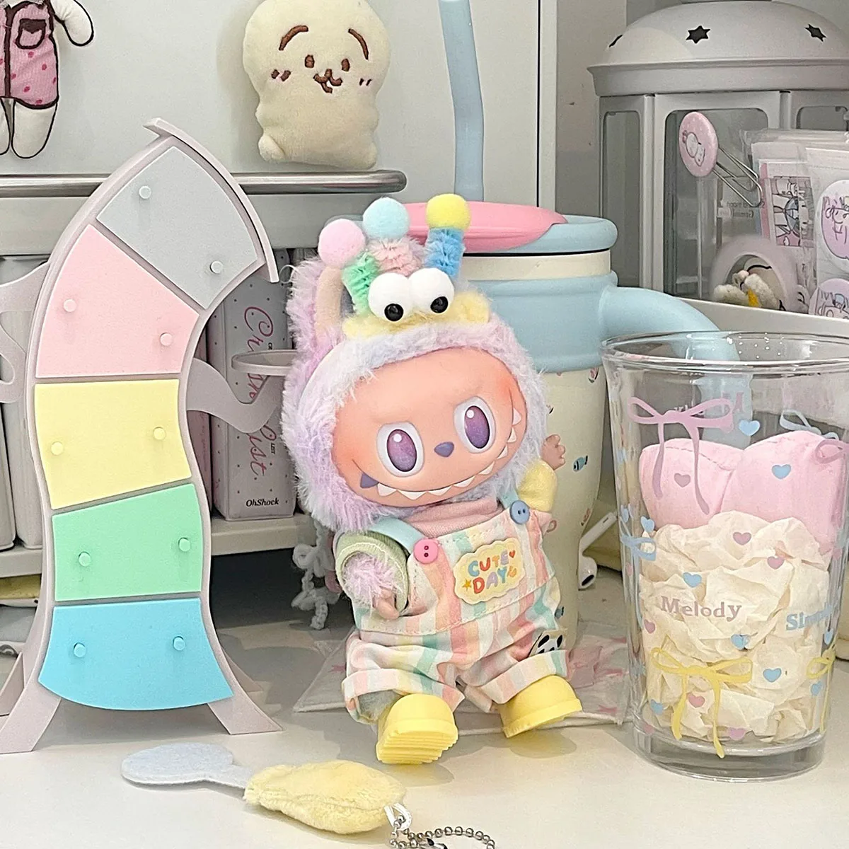 Мини-плюшевая кукла, повседневный красочный комбинезон, комбинезон, шляпа рыбака, одежда для Labubu, наряды, аксессуары, подарок