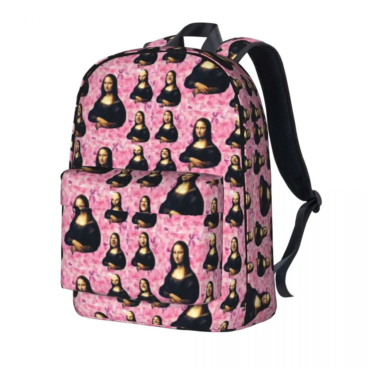 Mona Lisa Faces Backpack Flowers Print Women Men Polyester University Backpacks Large Cool High School Bags Rucksack