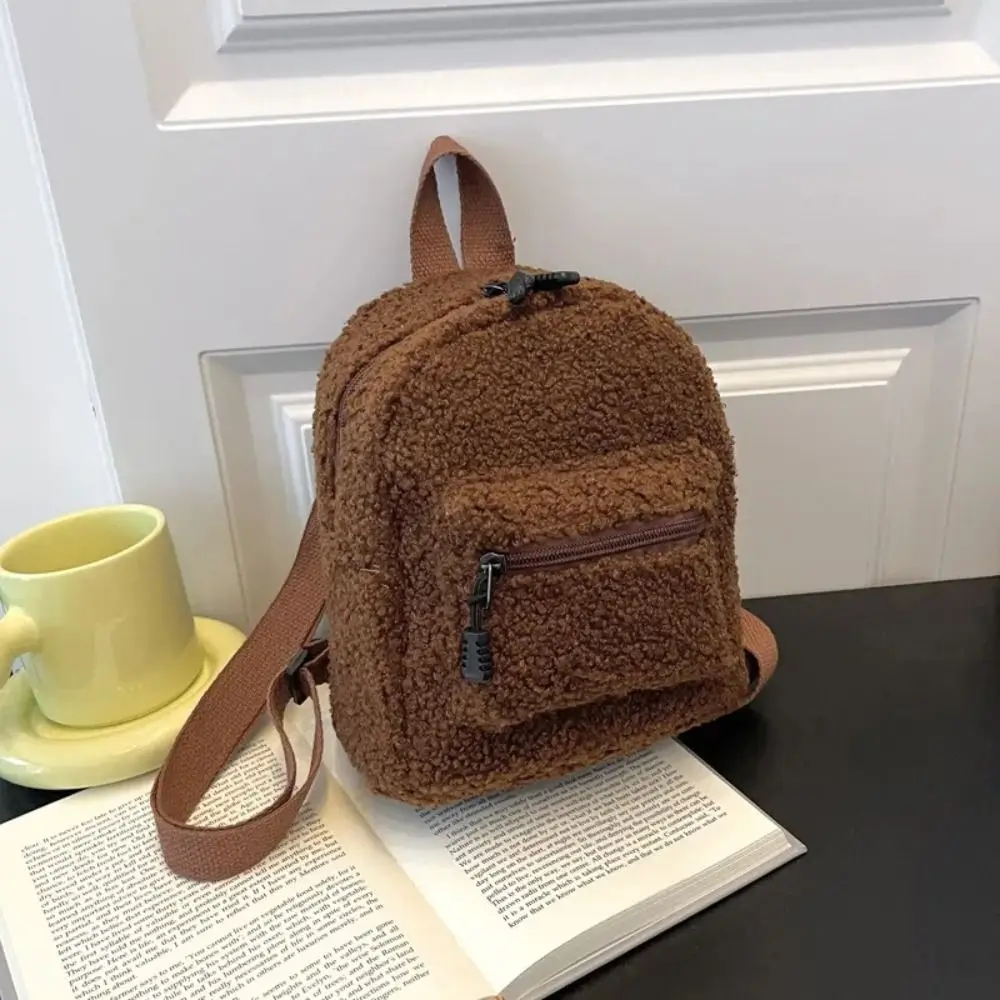 

Portable Solid Color Mini Plush Backpack Soft Fluffy Fur Multi-pocket Travel Rucksacks Lightweight Mini Shoulder Bag
