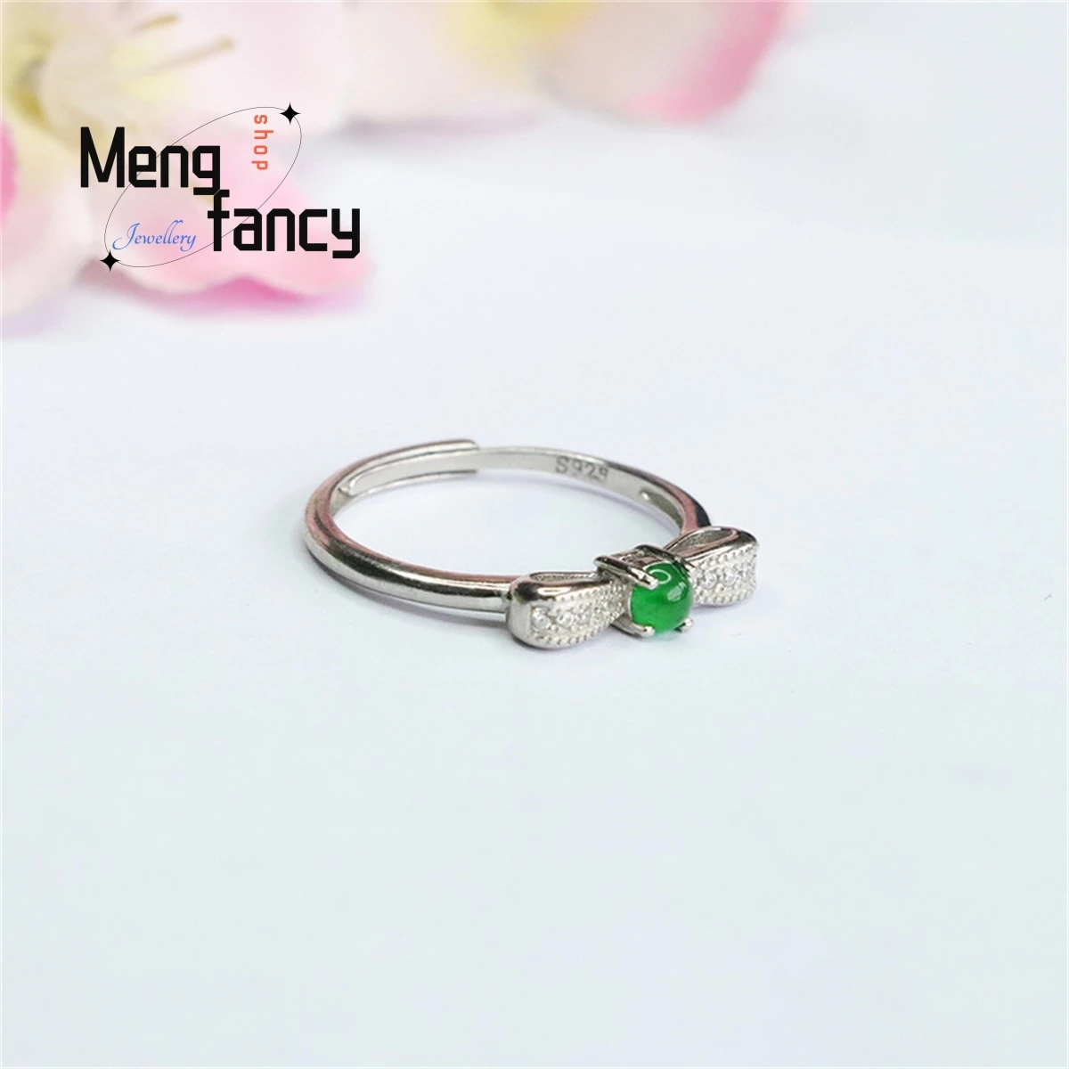 Natural S925 Silver Inlaid Jadeite Ice King Green Necktie Ring Simple Elegant Personalized Fashion Versatile Exquisite Jewelry