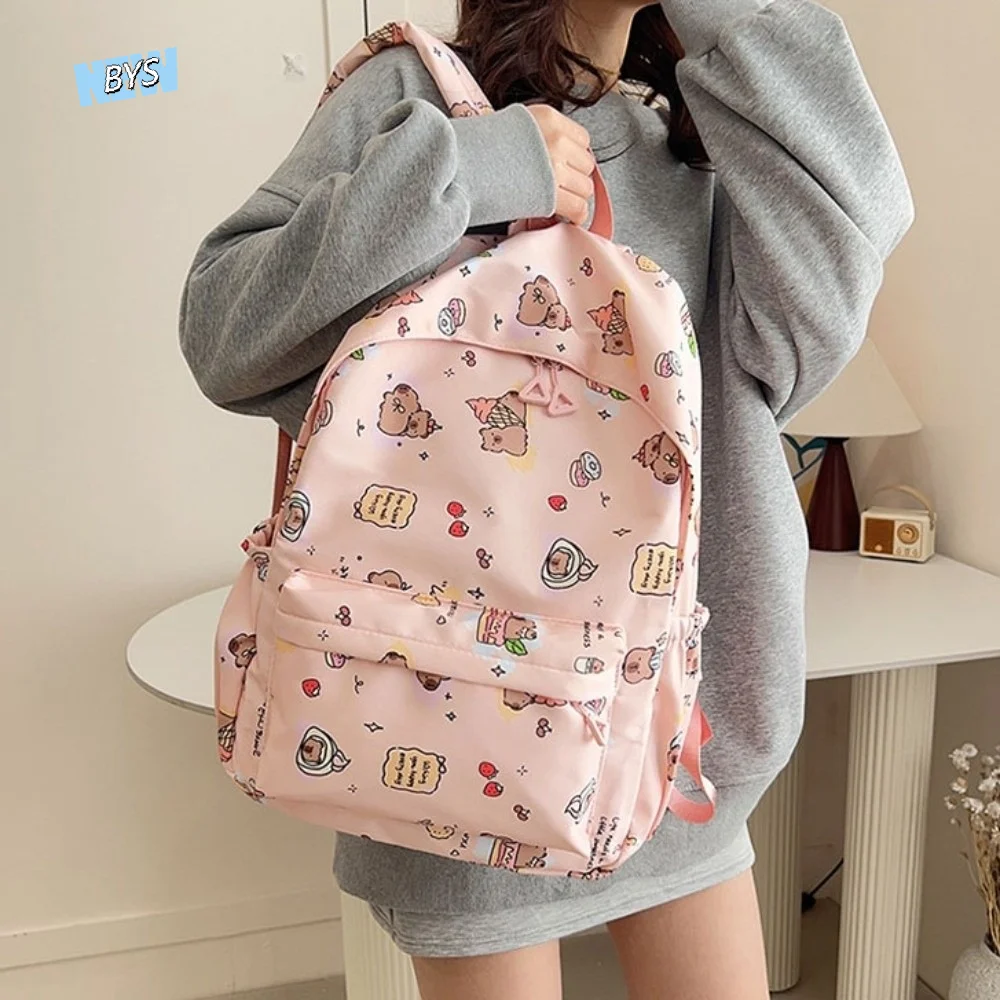 Nylon Capybara Backpack Wide Straps Multi Functional Cartoon Animal Daypack Adjustable Straps Korean Style