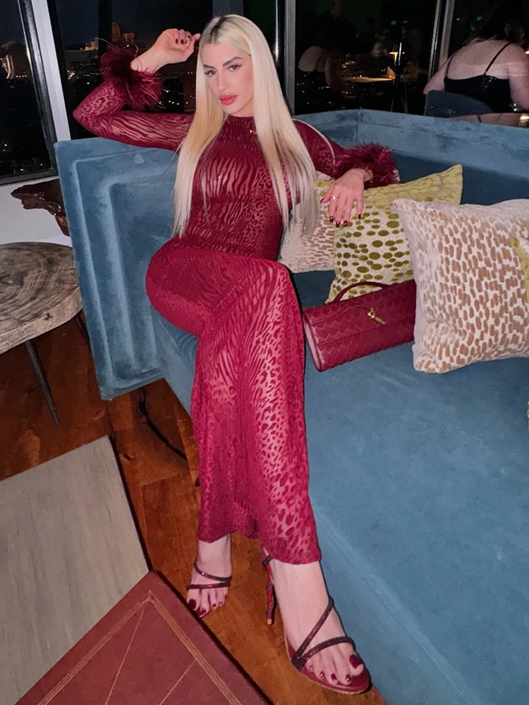 

Party Evening Gown Burgundy Backless Long Dress Leopard Sheath O-Neck See Through Feather Embellished Elegant Celebrity Club