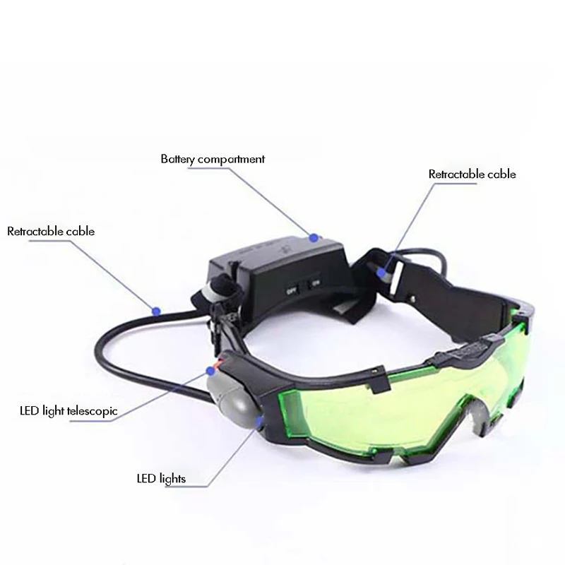 Ajustável LED Night Vision Motocicleta Goggles, Motorbike Racing, Caça Óculos, Óculos com Flip-Out Light, Windproof