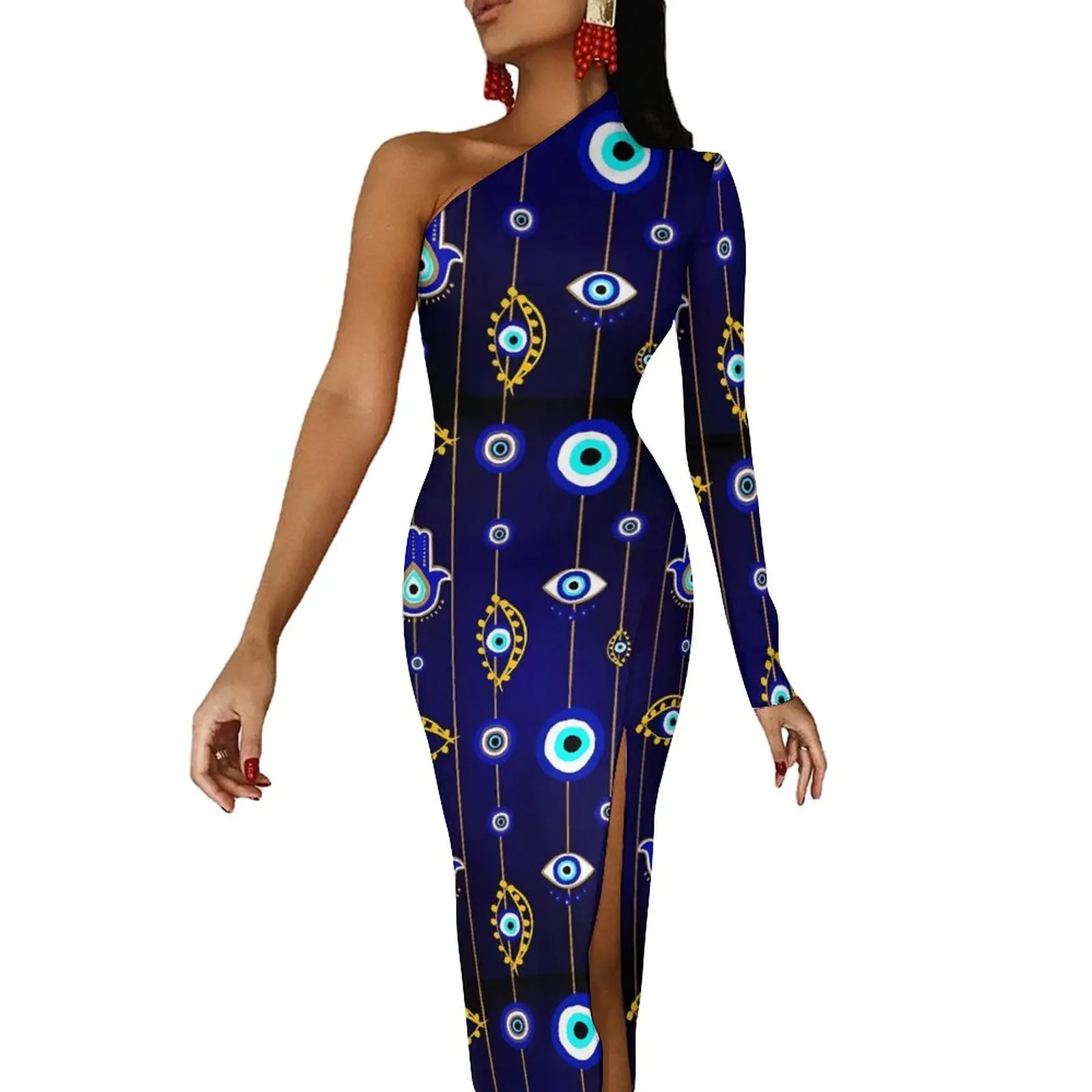 Hamsa Hand Print Bodycon Jurk Herfst Boze Oog Weg Elegante Zijsplit Lange Jurken Een Schouder Aangepaste Esthetische Jurk