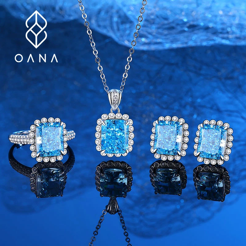 925 Sterling Silver Asscher High Carbon Diamond Aquamarine Necklace Earrings Ring Three-piece Set Women's Light Luxury Set