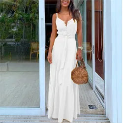 Sexy Spaghetti Strap Maxi Dress Women Summer Button With Belt White Dresses Big Hem Patchwork Beach Party Dress Boho Sling Robe
