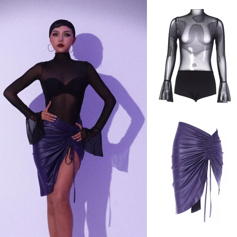 

Sexy Latin Dance Competition Costumes For Women Mesh Latin Top Drawstring Skirt Stage Performance Dancing Clothes