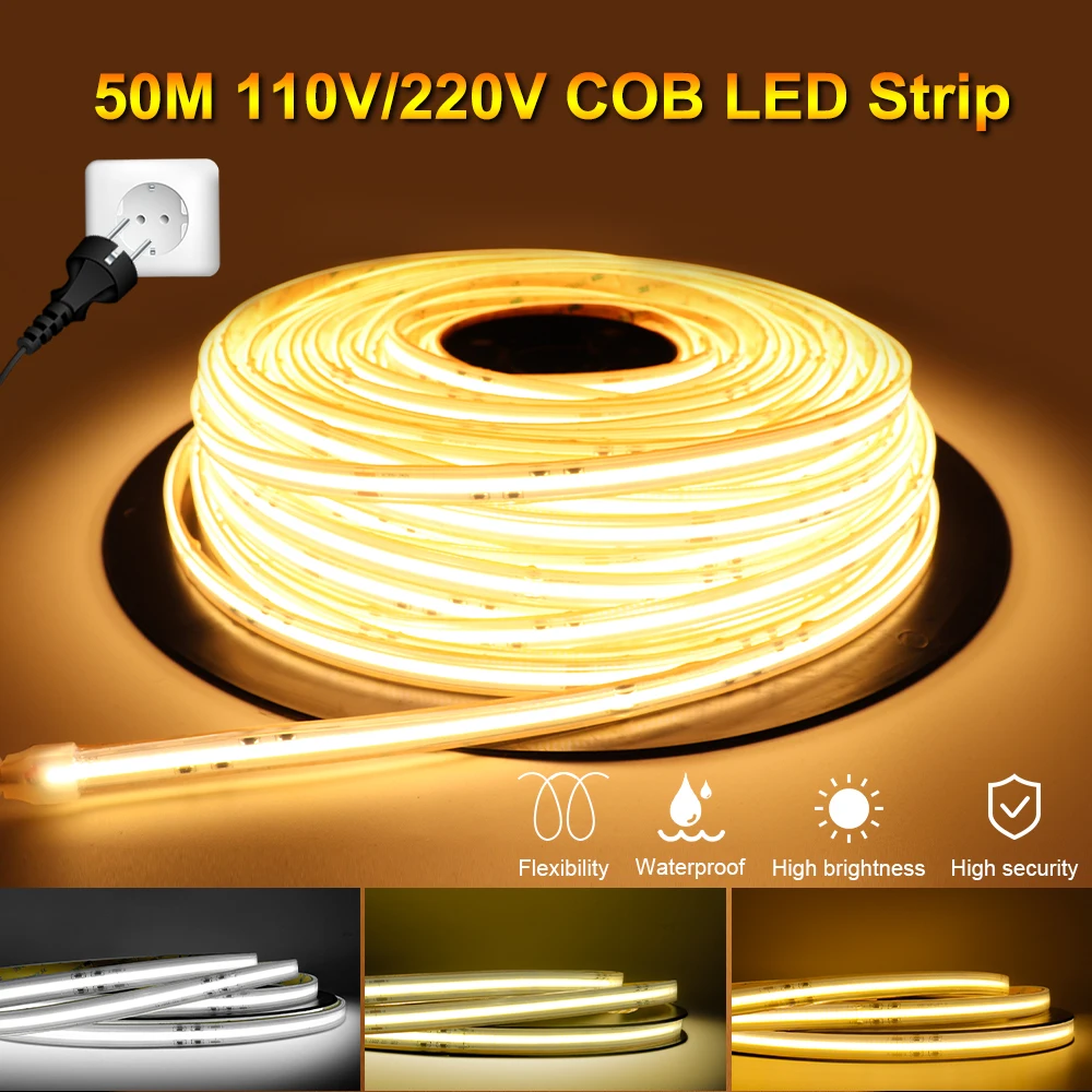 110V/220V COB LED Strip Light IP67 Waterproof 1-50M CRI 90 420LEDs/M Flexible Ribbon Light Tape Dimmable LED Strips 12mm