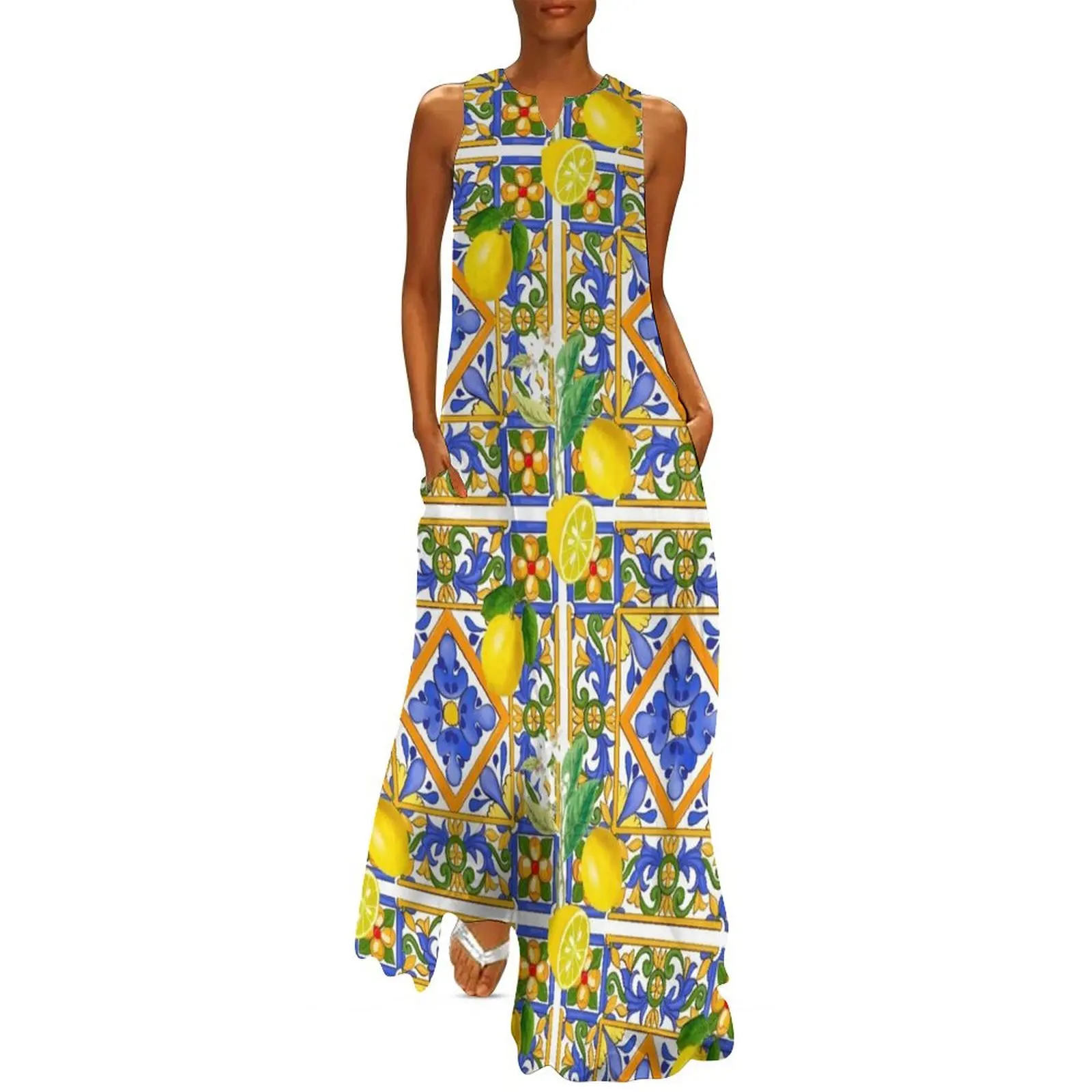 

Summer ,Sicilian tiles ,citrus,oranges,majolica,lemons ,Mediterranean Long Dress women dresses Womens dresses Dress