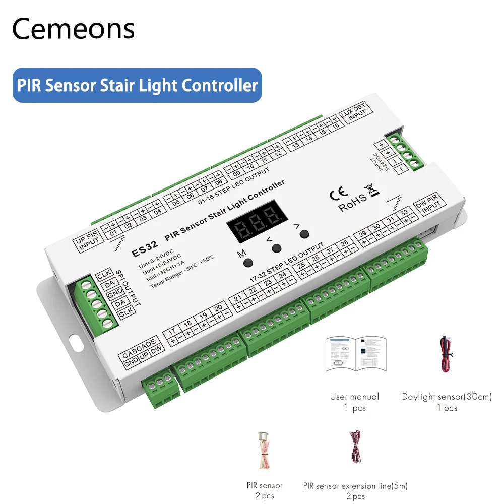 stair controller com sensor de movimento pir interruptor de luz noturna escada interior 32 canais dc 5v 12v 24v es32 01