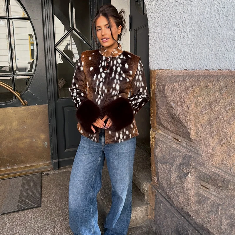 Women Short Faux Fur Jacket Bambi Deer Spot Print Stand Neck Fluffy Fur Cuff Button Down Coat Vintage Autumn Winter Outerwear