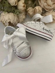 Kids Low Top Canvas Shoes DIY Customized Shoes Doll Beauty Pink Girl Party Sparkle Princess Rose Red Bling Pearls Sneakers