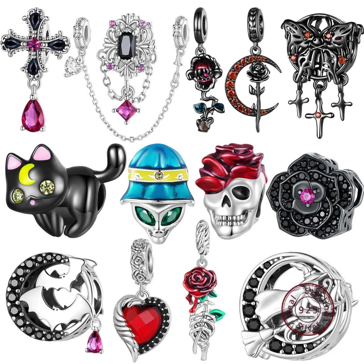 

Halloween 925 Silver Beads Charms Pendants and Necklaces Original Hoops Stud Earrings Women 's Bracelet Set