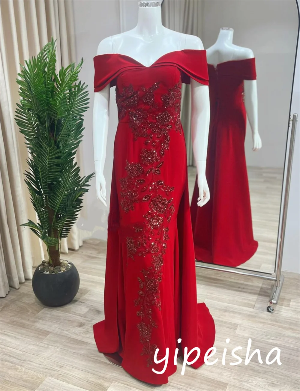 Customized Chinese Style Jersey Sequined Pleat Trumpet Off-the-shoulder Long Dresses Bespoke Occasion Sexy