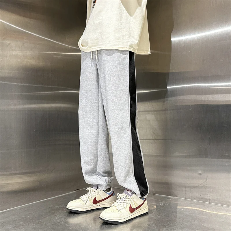 

New Spring Men Sweatpants Waffle Fabric Casual Joggers Pant Side Zipper Patchwork Contrast Loose Trousers Plus Size 5XL Clothing